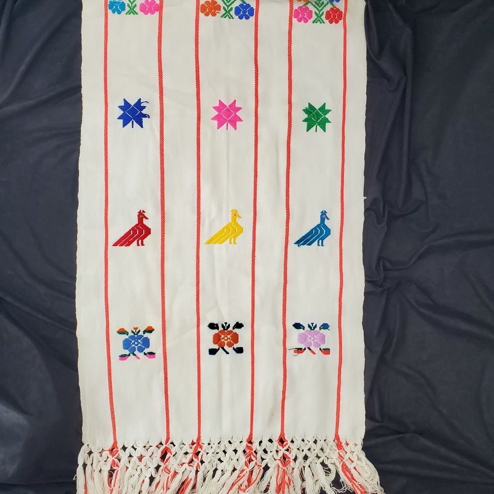 Hand Embroidered Table Runner Aztec Western Mexican Style Fringe Colorful
